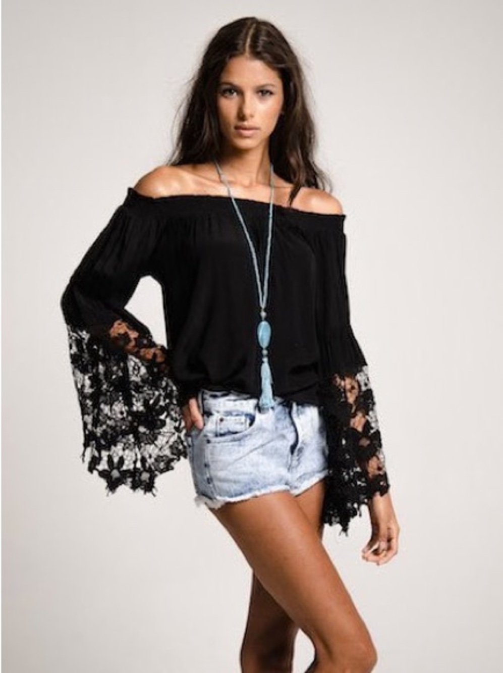Navy Off-Shoulder Lace Bell-Sleeve Top - Women